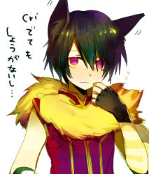 Rule 34 | 1boy, animal, animal around neck, animal ear fluff, animal ears, arutopian, black gloves, black hair, closed mouth, commentary request, detached sleeves, eyes visible through hair, fingerless gloves, fox, gloves, hair between eyes, looking at viewer, male focus, professor (ragnarok online), ragnarok online, red eyes, red shirt, shirt, short hair, simple background, sleeveless, sleeveless shirt, solo, striped sleeves, translation request, upper body, white background, white sleeves, yellow sleeves