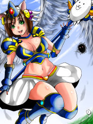 Rule 34 | 1girl, angel wings, animal ears, armor, armored dress, blush, breasts, brown hair, cat (battle cats), cat ears, cat girl, cleavage, cloud, cosplay, crossover, curvy, day, dress, earrings, female focus, gauntlets, god (battle cats), gradient background, green eyes, helmet, idolmaster, idolmaster cinderella girls, isna (footprintsofisna), jewelry, large breasts, maekawa miku, midriff, navel, nyanko daisensou, open mouth, polearm, short hair, shoulder pads, single earring, sky, smile, solo, spear, thighs, valkyrie, valkyrie cat, valkyrie cat (cosplay), weapon, wide hips, wings