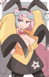 Rule 34 | 1girl, animal ears, bow, bow-shaped hair, bowtie, breasts, commentary request, cowboy shot, creatures (company), detached collar, game freak, grey background, grin, hairband, highres, iono (pokemon), jacket, kurachi mizuki, large breasts, long sleeves, looking at viewer, meme attire, multicolored hair, nintendo, pantyhose, pink eyes, pink hair, pokemon, pokemon sv, rabbit ears, red bow, red bowtie, reverse bunnysuit, reverse outfit, sleeves past fingers, sleeves past wrists, smile, star (symbol), star print, teeth, twintails, two-tone hair, yellow jacket