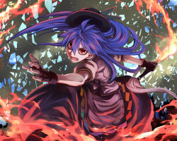 Rule 34 | 1girl, black gloves, blue hair, female focus, fingerless gloves, flaming sword, flaming weapon, gloves, hat, hinanawi tenshi, hinomoto madoka, long hair, looking at viewer, open mouth, outstretched arms, puffy sleeves, red eyes, shirt, short sleeves, skirt, slashing, solo, sword of hisou, touhou, very long hair