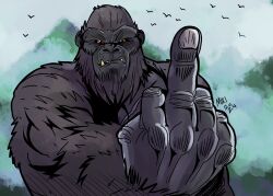 Rule 34 | absurdres, ape, bird, close-up, commentary, crossover, fangs, flying, fog, forest, giant, giant monster, godzilla (series), godzilla x kong: the new empire, gorilla, highres, kaijuu, king kong, king kong (series), legendary pictures, looking at viewer, middle finger, monster, monsterverse, mountain, muscular, muscular other, nature, no humans, orange eyes, ratboy miki, scar, scar on chest, sharp teeth, teeth, toho, tree, yellow teeth
