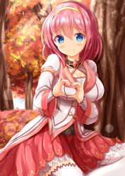 Rule 34 | 1girl, autumn leaves, blue eyes, blush, breasts, closed mouth, commentary request, hair between eyes, hairband, hands up, heart, heart hands, highres, long hair, looking at viewer, medium breasts, pink hair, pleated skirt, princess connect!, red skirt, shirt, skirt, smile, solo, split mouth, thighhighs, tree, white shirt, white thighhighs, xenon (for achieve), yellow hairband, yui (princess connect!)