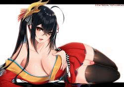 Rule 34 | 1girl, absurdres, ahoge, azur lane, black hair, black thighhighs, blush, breasts, collarbone, crossed bangs, futanari, hair between eyes, highres, huge breasts, japanese clothes, kimono, long hair, looking at viewer, lying, mask, mask on head, on side, open mouth, penis, red eyes, smile, solo, taihou (azur lane), thighhighs, thighs, tofuubear, twintails, white background