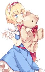 Rule 34 | 1girl, alice margatroid, bad id, bad pixiv id, blonde hair, blue eyes, blush, capelet, highres, maremay0513, red ribbon, ribbon, simple background, smile, solo, stuffed animal, stuffed toy, teddy bear, touhou, white background