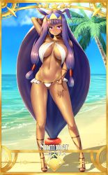 Rule 34 | 1girl, absurdly long hair, arm up, armpits, bad id, bad pixiv id, beach, blush, breasts, dark-skinned female, dark skin, day, fate/grand order, fate (series), highres, long hair, looking at viewer, medium breasts, nitocris (fate), palm tree, purple eyes, purple hair, raised eyebrows, solo, swimsuit, thighs, tree, very long hair, zukky