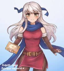 Rule 34 | 1girl, 2022, artist name, bare shoulders, belt, blue background, blue scarf, book, bracelet, brown gloves, brown leggings, cowboy shot, dated, dress, elbow gloves, fingerless gloves, fire emblem, fire emblem: radiant dawn, gloves, grey hair, hair ribbon, half updo, highres, holding, holding book, jewelry, leggings, long hair, looking at viewer, micaiah (fire emblem), nintendo, purrlucii, ribbon, scarf, side slit, signature, sleeveless, sleeveless dress, smile, solo, yellow eyes