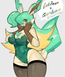 Rule 34 | ahoge, animal ears, animal hands, blonde hair, blush, breasts, brown hair, cleavage, creatures (company), furry, furry female, game freak, gardevoir, gen 3 pokemon, gen 4 pokemon, green hair, hand on own face, highres, large breasts, leaf, leafeon, long hair, nintendo, piercing, pokemon, pokemon (creature), thick thighs, thighhighs, thighs, togetoge, wide hips