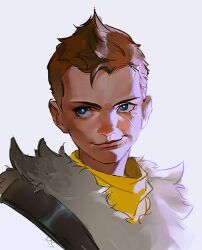 Rule 34 | 1boy, armor, atreus, blue eyes, brown hair, closed mouth, eyelashes, fur-trimmed armor, fur trim, god of war, looking at viewer, male focus, portrait, redsakaone, shirt, short hair, sidelighting, smile, solo, white background, yellow shirt