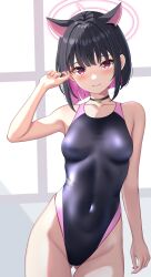 Rule 34 | 1girl, absurdres, animal ears, black choker, black hair, black one-piece swimsuit, blue archive, cat ears, choker, colored inner hair, commentary request, competition swimsuit, covered navel, halo, hibika, highleg, highleg swimsuit, highres, kazusa (blue archive), multicolored hair, one-piece swimsuit, pink hair, red eyes, short hair, skin tight, solo, swimsuit, two-tone hair, two-tone swimsuit