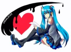 Rule 34 | 39, absurdres, aqua eyes, aqua hair, aqua nails, aqua necktie, artist request, black sleeves, detached sleeves, english text, full body, grey shirt, hatsune miku, headphones, headset, heart, highres, holding, holding paper, ink, long hair, looking at viewer, necktie, non-web source, paper, shirt, sitting, solo, source request, twintails, very long hair, vocaloid