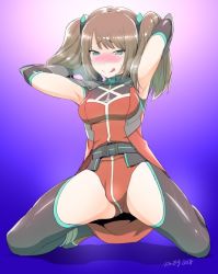 Rule 34 | 1boy, armpits, arms behind head, blush, breasts, breath, brown hair, bulge, chaps, elbow gloves, gloves, green eyes, idolmaster, idolmaster side-m, kneeling, licking lips, long hair, looking at viewer, medium breasts, mizushima saki, shiny clothes, sidelocks, smile, spread legs, sweat, tachikawa negoro, thighhighs, tongue, tongue out, trap, twintails