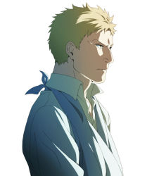 Rule 34 | 1boy, bad id, bad pixiv id, blonde hair, closed mouth, collared shirt, from side, gun sling, long sleeves, male focus, natuichi-7212, reiner braun, serious, shaded face, shingeki no kyojin, shirt, simple background, solo, upper body, white background, white shirt, wing collar, yellow eyes