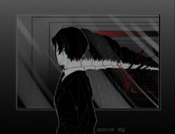 Rule 34 | 1boy, black hair, black jacket, black mask, black necktie, blood, collared shirt, different reflection, facing away, highres, jacket, library of ruina, long sleeves, mirror, multiple views, necktie, pkill515, project moon, reflection, roland (project moon), shirt, stab, sword, weapon, white shirt, wing collar