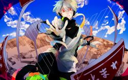 Rule 34 | bad id, bad pixiv id, falling, headphones, kagerou project, konoha (kagerou project), konoha no sekai jijou (vocaloid), long hair, male focus, red eyes, road sign, shiroimoppu, short ponytail, sign, silver hair, solo, vocaloid