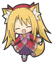 Rule 34 | 1girl, :d, ^ ^, animal ears, bad id, bad pixiv id, blonde hair, blush stickers, bow, character request, chibi, closed eyes, dress, emil chronicle online, facing viewer, fox ears, fox girl, fox tail, full body, long sleeves, open mouth, pantyhose, purple bow, purple footwear, red dress, ri-net, simple background, sleeves past wrists, smile, solo, standing, standing on one leg, striped clothes, striped pantyhose, tail, two side up, white background