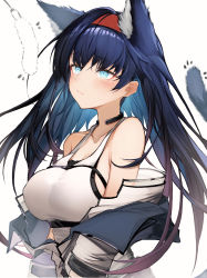 Rule 34 | 1girl, absurdres, animal ears, arknights, bare shoulders, blaze (arknights), blue eyes, blue hair, blush, breasts, cat ears, collarbone, commentary request, hairband, highres, large breasts, long hair, off shoulder, red hairband, solo, tab head, tank top, upper body, white tank top
