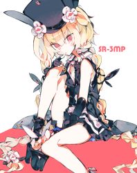 Rule 34 | 1girl, bare shoulders, black footwear, black gloves, black hat, black shirt, black skirt, blonde hair, boots, braid, character name, commentary request, finger to mouth, fingerless gloves, girls&#039; frontline, gloves, hair between eyes, hat, knee up, long hair, looking at viewer, meto (metrin), open clothes, open shirt, platform boots, platform footwear, red eyes, shirt, sitting, skirt, sleeveless, sleeveless shirt, solo, sr-3mp (girls&#039; frontline), very long hair, white background