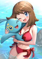 Rule 34 | 1girl, ;d, absurdres, bikini, blue eyes, breasts, brown hair, cleavage, commentary request, creatures (company), day, eyelashes, game freak, gen 4 pokemon, gonzarez, highres, holding, holding pokemon, large breasts, legendary pokemon, manaphy, may (pokemon), medium hair, mythical pokemon, navel, nintendo, one eye closed, open mouth, outdoors, pokemon, pokemon (anime), pokemon (creature), pokemon ranger and the temple of the sea, pokemon rse (anime), red bikini, rock, smile, swimsuit, tongue, water