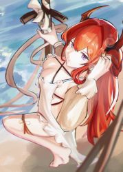 Rule 34 | 1girl, absurdres, apron, arknights, beach, breasts, chest strap, cleavage, full body, hair between eyes, highres, holding, horns, long hair, looking at viewer, mizuhashi parusui, purple eyes, red hair, solo, surtr (arknights), surtr (colorful wonderland) (arknights), sword, water, weapon