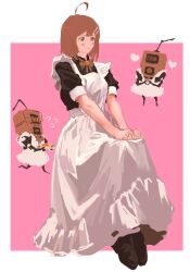 Rule 34 | 1girl, ahoge, apron, black dress, black footwear, blue eyes, brown hair, closed mouth, dress, hod (project moon), library of ruina, loafers, lobotomy corporation, maid, medium hair, project moon, puffy short sleeves, puffy sleeves, robot, schtiglez, shoes, short sleeves, sitting, smile, solo, white apron
