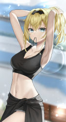 Rule 34 | 1girl, absurdres, armpits, arms up, black bra, black hairband, black shorts, blonde hair, blurry, blurry background, bra, breasts, cleavage, clothes around waist, crossed bangs, green eyes, hair between eyes, hair tie in mouth, hairband, highres, hololive, jacket, jacket around waist, kazama iroha, kd (kdh45689), long hair, medium breasts, mouth hold, navel, ponytail, short shorts, shorts, solo, sports bra, tying hair, underwear, virtual youtuber