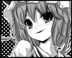 Rule 34 | 1girl, :d, blush, e.x.on, eyebrows, female focus, greyscale, looking at viewer, monochrome, nose blush, open mouth, polka dot, polka dot background, remilia scarlet, short hair, simple background, smile, solo, touhou, upper body