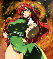 Rule 34 | 1girl, ahoge, blue eyes, braid, breasts, china dress, chinese clothes, cleavage, clenched hand, clenched hands, covered erect nipples, dress, ex-meiling, female focus, fighting stance, hat, hong meiling, immaterial and missing power, impossible clothes, impossible shirt, large breasts, long hair, no bra, no panties, red hair, ribbon, shirt, side slit, solo, thighs, toudori, touhou, twin braids