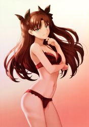 Rule 34 | 1girl, absurdres, bare shoulders, black bow, black ribbon, blue eyes, blush, bow, bow bra, bow panties, bra, breasts, brown hair, cleavage, closed mouth, collarbone, fate/stay night, fate (series), gradient background, hair ribbon, hand on own chin, highres, lace, lace-trimmed bra, lace-trimmed panties, lace trim, long hair, looking at viewer, mashuu (neko no oyashiro), navel, panties, parted bangs, red bra, red panties, ribbon, ribbon-trimmed bra, ribbon-trimmed panties, scan, small breasts, smile, solo, standing, stomach, thighs, third-party source, tohsaka rin, two side up, underwear, underwear only