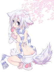 Rule 34 | 1girl, animal ears, back, koyoi (ruka), looking at viewer, original, scarf, short hair, sitting, solo, tail, tinier me, white hair, wolf ears, wolf tail