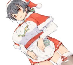 Rule 34 | 1girl, alchera, apron, black hair, breasts, brown thighhighs, capelet, cowboy shot, dress shirt, dutch angle, fur-trimmed capelet, fur-trimmed headwear, fur trim, garter straps, hair flaps, hat, jingei (kancolle), kantai collection, large breasts, long hair, low ponytail, official alternate costume, red capelet, red eyes, red hat, red skirt, santa hat, shirt, simple background, skirt, smile, solo, thighhighs, waist apron, white apron, white background, white shirt