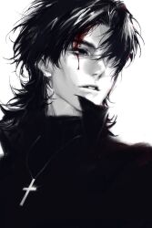 Rule 34 | 1boy, black hair, bleeding, blood, blood on face, cassock, cross, cross necklace, fate (series), hair over one eye, highres, jewelry, kotomine kirei, looking to the side, male focus, necklace, short hair, simple background, skanroooo, solo, upper body, white background