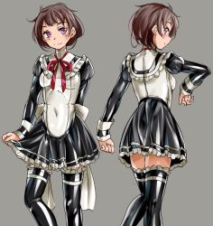 Rule 34 | 1girl, brown hair, dress, frilled skirt, frilled thighhighs, frills, fumi11gou, grey background, juliet sleeves, latex, latex dress, long sleeves, miniskirt, original, puffy sleeves, ribbon, shiny clothes, simple background, skin tight, skirt, smile, thighhighs, zettai ryouiki