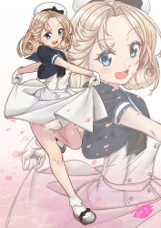 Rule 34 | 1girl, artist name, black neckerchief, blonde hair, blue eyes, blue sailor collar, dated, dress, gloves, hat, janus (kancolle), kantai collection, long hair, looking at viewer, moke ro, neckerchief, open mouth, parted bangs, petals, sailor collar, sailor dress, sailor hat, shoes, short sleeves, skirt hold, smile, socks, solo, white dress, white gloves, white hat, white socks, zoom layer