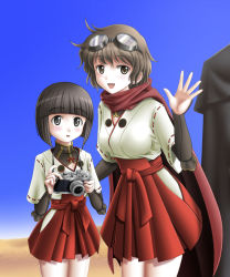 Rule 34 | 2girls, brown eyes, brown hair, camera, goggles, goggles on head, inagaki mami, katou keiko, multiple girls, mushoku no hourousha, scarf, short hair, strike witches, witches of africa, world witches series