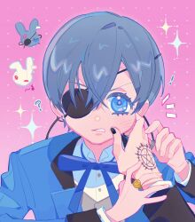 Rule 34 | !, 2boys, ?, anger vein, black jacket, black nails, black sleeves, blue bow, blue bowtie, blue eyes, blue hair, blue jacket, blue sleeves, blush, bow, bowtie, buttons, cheek pinching, chinese commentary, ciel phantomhive, clenched teeth, coattails, collared jacket, colored eyelashes, commentary request, earrings, eyepatch, gradient background, grey vest, hand on another&#039;s cheek, hand on another&#039;s face, hand tattoo, highres, jacket, jewelry, kuroshitsuji, long sleeves, looking at viewer, male focus, multiple boys, musical note, nail polish, notice lines, open clothes, open jacket, pentagram, pinching, pink background, polka dot, polka dot background, pov, rabbit, ring, sebastian michaelis, shirt, short hair, solo focus, sparkle, stud earrings, tattoo, teeth, two-sided fabric, two-sided jacket, upper body, v-shaped eyebrows, vest, white shirt, yaoi, yeshisi