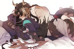 Rule 34 | 1boy, 1girl, absurdres, arknights, bed sheet, black coat, blush, brown hair, chinese clothes, chong yue (arknights), coat, colored extremities, commentary request, doctor (arknights), dragon boy, dragon horns, dragon tail, earrings, female doctor (arknights), hetero, highres, hood, hood up, hooded coat, horns, jewelry, korean commentary, long hair, long sleeves, looking at another, low ponytail, lying, mask, multicolored hair, on bed, on side, parted lips, pillow, pointy ears, restrained, simple background, sleeveless, streaked hair, tail, tail wrap, toned, toned male, very long tail, walhee221, white background, yellow eyes