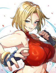 Rule 34 | 1girl, black gloves, blonde hair, blue eyes, blue mary, breasts, clenched hand, fingerless gloves, gloves, highres, jewelry, large breasts, necklace, open mouth, original, red tube top, senri gan, short hair, sleeveless, smile, solo, stomach, strapless, the king of fighters, tube top, white background