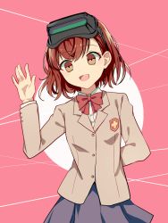 Rule 34 | 1girl, :d, arm behind back, black-framed eyewear, blazer, bow, bowtie, brown eyes, brown hair, brown jacket, cowboy shot, emblem, goggles, goggles on head, highres, jacket, long sleeves, misaka imouto, open mouth, pink background, purple skirt, red bow, red bowtie, school uniform, short hair, skirt, smile, solo, standing, tareme, toaru majutsu no index, tokiwadai school uniform, two-tone background, waving