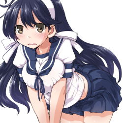Rule 34 | 10s, 1girl, ahoge, bent over, black hair, blue skirt, blush, breast press, breasts, breasts squeezed together, brown eyes, dd (ijigendd), female focus, hairband, kantai collection, large breasts, long hair, open mouth, pleated skirt, school uniform, serafuku, short sleeves, simple background, skirt, solo, ushio (kancolle), ushio kai ni (kancolle), wavy mouth, white background