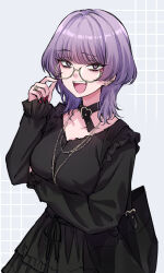 1girl :d arm_under_breasts bag black_dress breasts brown-framed_eyewear character_request check_character collarbone dress ear_piercing earrings gakuen_idolmaster grey_background grid_background hand_up highres idolmaster jewelry kaya_rinha long_sleeves looking_at_viewer medium_breasts nail_polish open_mouth piercing puffy_long_sleeves puffy_sleeves purple_eyes purple_hair red_nails ring round_eyewear semi-rimless_eyewear sleeves_past_wrists smile solo somechime_(sometime1209) stud_earrings under-rim_eyewear