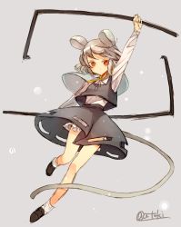 Rule 34 | 1girl, animal ears, arm up, atoki, bloomers, capelet, grey hair, highres, leg up, mouse ears, mouse tail, nazrin, red eyes, rod, short hair, solo, tail, touhou, twitter username, underwear