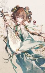 Rule 34 | 1girl, blue eyes, brown hair, chinese clothes, chinese text, commission, cone hair bun, double-parted bangs, duijin ruqun, floating hair, floral background, floral print, flower, green hanfu, hair bun, hair flower, hair ornament, hair ribbon, hanfu, highres, holding, holding instrument, instrument, long hair, long sleeves, looking at viewer, low-tied sidelocks, original, pipa (instrument), ribbon, sepia background, shito neko (zitonger), standing, tress ribbon, updo, very long hair