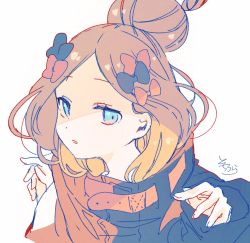 Rule 34 | 1girl, abigail williams (fate), abigail williams (traveling outfit) (fate), black bow, black jacket, blue eyes, bow, brown hair, fate/grand order, fate (series), fingernails, forehead, hair bow, hair bun, hands up, heroic spirit traveling outfit, highres, jacket, long hair, long sleeves, looking at viewer, official alternate costume, orange bow, parted bangs, parted lips, signature, simple background, single hair bun, sleeves past wrists, sofra, solo, upper body, white background