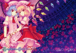 Rule 34 | 2girls, absurdres, bare shoulders, bat wings, blonde hair, blue hair, cover, cover page, female focus, fingernails, flandre scarlet, flower, hand on another&#039;s cheek, hand on another&#039;s face, hat, highres, long fingernails, multiple girls, nail polish, petals, ponytail, red eyes, red nails, remilia scarlet, ribbon, rose, sayori (neko works), scan, short hair, siblings, side ponytail, sisters, slit pupils, touhou, wings