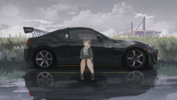 Rule 34 | 1girl, black footwear, black hair, black shorts, blue eyes, car, closed mouth, commentary request, hand on own cheek, hand on own face, highres, jacket, momo hiki, motor vehicle, open clothes, open jacket, original, outdoors, personification, plaid, plaid jacket, reflection, shirt, shoes, short hair, shorts, sitting, smile, sneakers, solo, spoiler (automobile), sports car, toyota, toyota 86, vehicle focus, white shirt