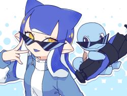 Rule 34 | blue background, blue hair, blue sweater, creatures (company), eyelashes, game freak, gen 1 pokemon, holding, holding weapon, inkling, inkling girl, inkling player character, inuowour, long hair, nintendo, pointy ears, pokemon, pokemon (creature), splatoon (series), squirtle, sunglasses, sweater, tenta brella (splatoon), tongue, tongue out, two-tone background, w, weapon, white background, yellow eyes