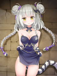 Rule 34 | 1girl, :&lt;, bare shoulders, blush, braid, breasts, cleavage, double bun, dress, elbow gloves, gloves, gluteal fold, grey hair, hair bun, haku (p&amp;d), highres, long hair, looking at viewer, medium breasts, puzzle &amp; dragons, solo, tail, twin-7646, twin braids, yellow eyes