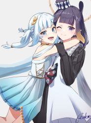 Rule 34 | 2girls, absurdres, black eyes, black gloves, black hair, blue dress, blue eyes, blue hair, dress, gawr gura, gawr gura (party dress), gloves, gradient dress, hand on another&#039;s arm, highres, hololive, hololive english, hug, mole, mole under eye, multicolored hair, multiple girls, ninomae ina&#039;nis, ninomae ina&#039;nis (party dress), one eye closed, reulem, sharp teeth, smile, streaked hair, teeth, tentacle hair, twintails, virtual youtuber, white dress, white hair