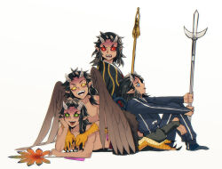 Rule 34 | 4boys, aizetsu (kimetsu no yaiba), animal feet, animal hands, beads, bird wings, black kimono, bridal gauntlets, brown hair, brown wings, claws, colored sclera, demon boy, digitigrade, fangs, feathered wings, full body, green eyes, green sclera, grey horns, hand fan, hand on own cheek, hand on own face, harpy boy, head rest, highres, holding, holding polearm, holding staff, holding weapon, horns, japanese clothes, juumonji yari, karaku (kimetsu no yaiba), kimetsu no yaiba, kimono, leaning on person, long hair, long sleeves, looking at another, looking at viewer, lying, lying on person, male focus, medium hair, monster boy, multiple boys, narihira hira, no shirt, on stomach, open mouth, paper fan, partisan (weapon), pointy ears, polearm, red eyes, red sclera, sekido (kimetsu no yaiba), shakujou, sidelocks, simple background, sitting, staff, talons, tassel, text in eyes, text in mouth, tongue, tongue out, topless male, urogi (kimetsu no yaiba), veins, weapon, white background, wings, yari, yellow eyes, yellow sclera
