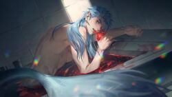 Rule 34 | 1boy, bath, blood, blue hair, cu chulainn (caster) (fate), cu chulainn (fate), earrings, eating, fate/grand order, fate (series), highres, jewelry, light led001, long hair, looking at viewer, male focus, merman, monster boy, multiple piercings, open mouth, red eyes, solo, topless male